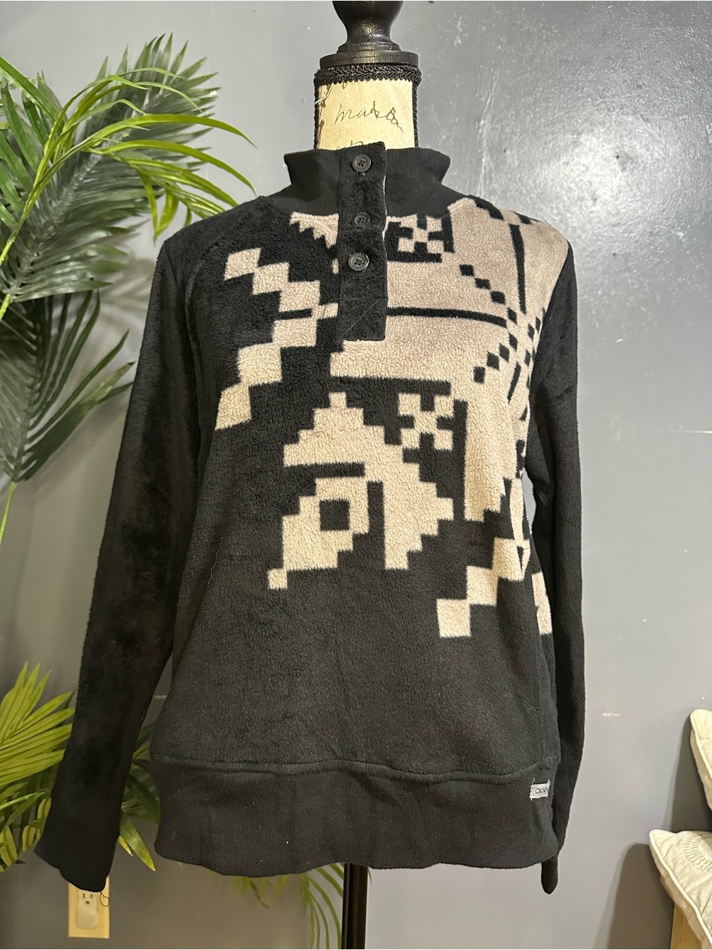 Dkny Black and Beige Geometric Cowl Pullover Sweater